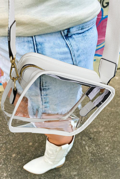Transparent Chic: White Clear PVC Crossbody Bag with Leather Strap
