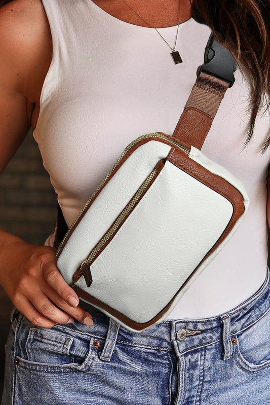 Chic White PU Leather Color Crossbody Bag - Secure Zipper