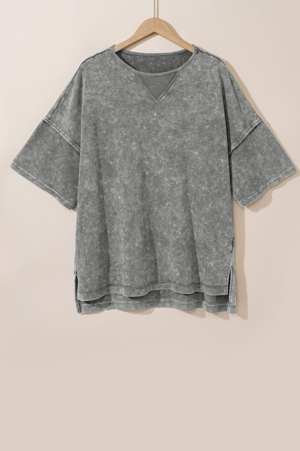 Light Grey Mineral Wash Drop Sleeve Patchwork Plus Tee