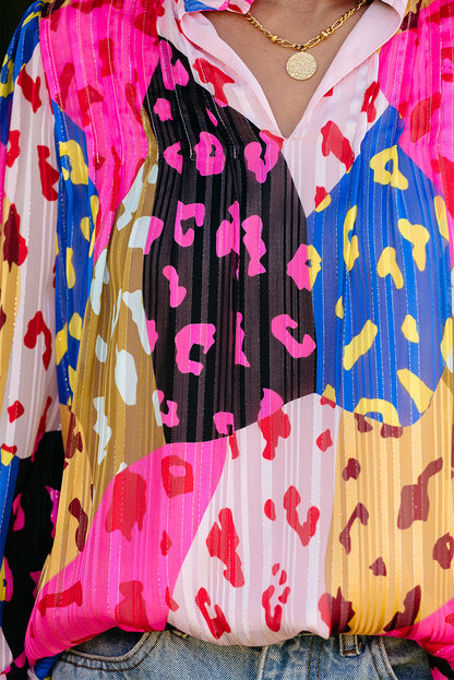 Elegant Rose & Leopard Print Pleated Blouse for Women