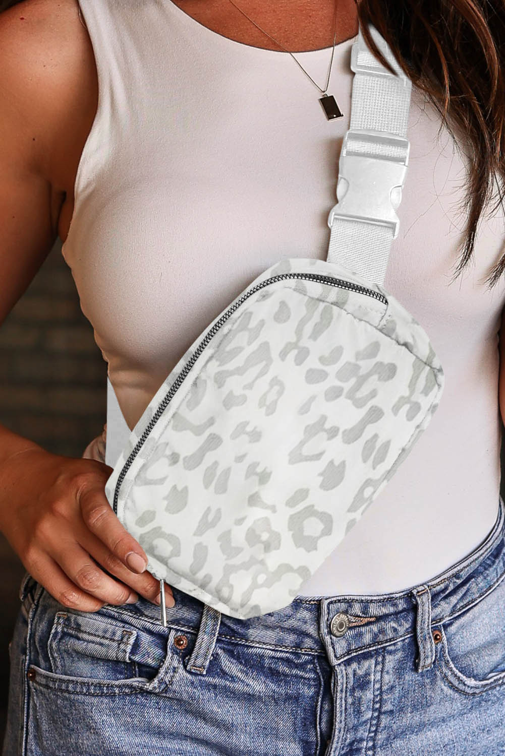White Leopard Print Buckle Canvas Crossbody Bag - Secure Zipper Closure