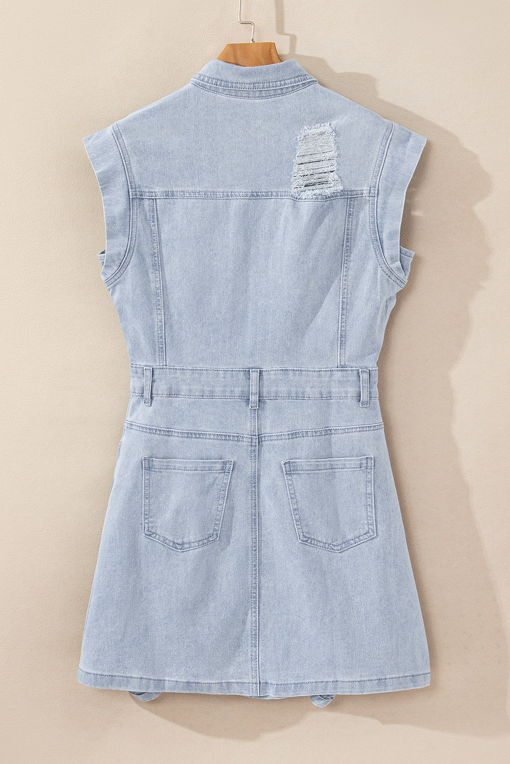 Light Blue Frayed Denim Women's Dress with Flap Pockets