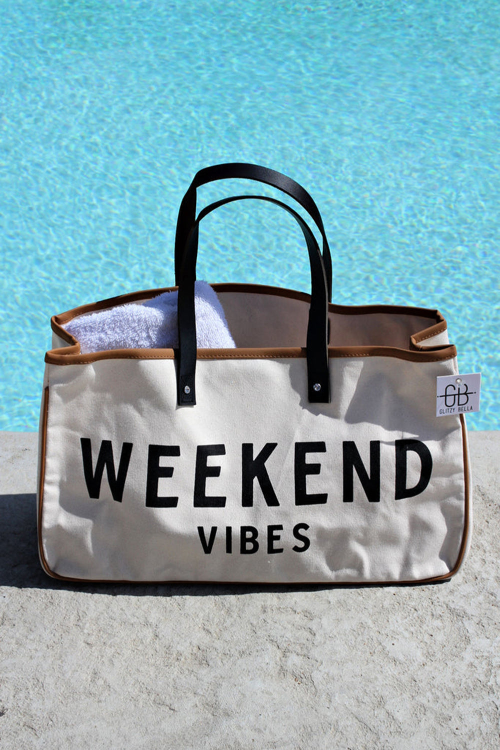 White WEEKEND VIBES Canvas Beach Tote - Perfect for Sun and Sand