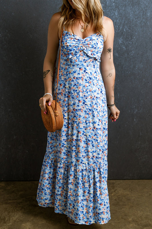Women's Sky Blue Color Floral Patterned Ruffle Dress
