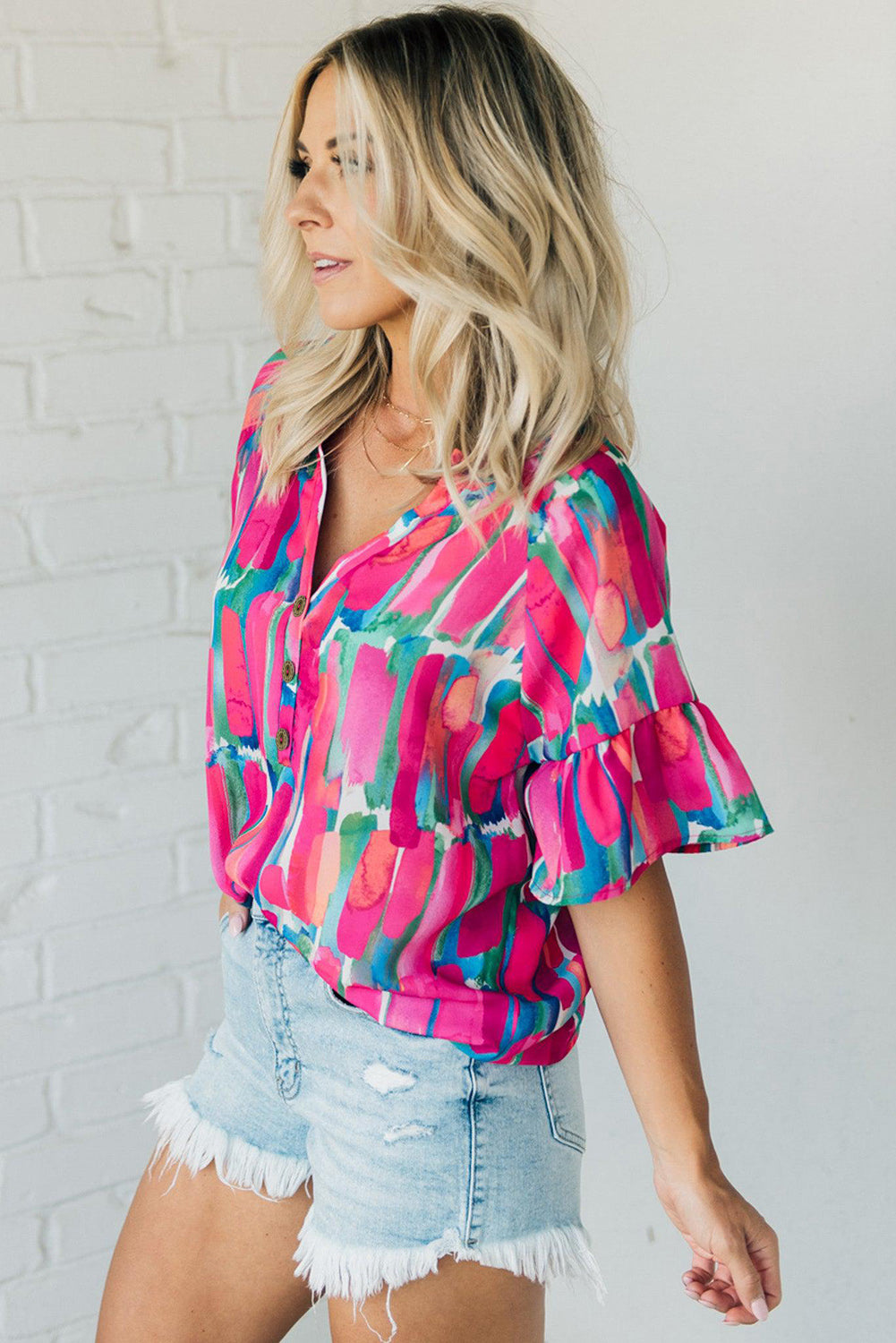 Elegant Rose Abstract Print V-Neck Blouse with Buttons