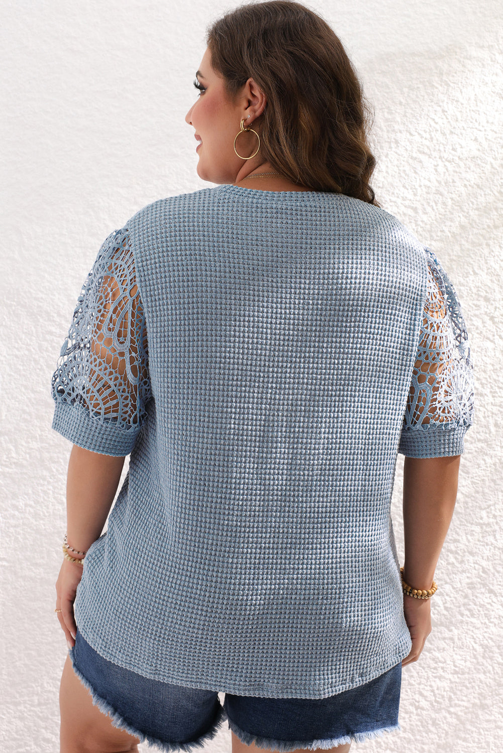 Ashleigh Blue Plus Size Textured Knit Lace Sleeve T Shirt