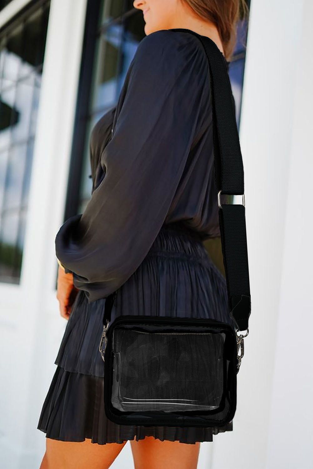 Transparent Chic: Black Clear PVC Crossbody Bag with Leather Strap