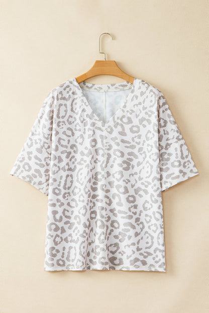 Brown Leopard Print V Neck Plus Size T Shirt