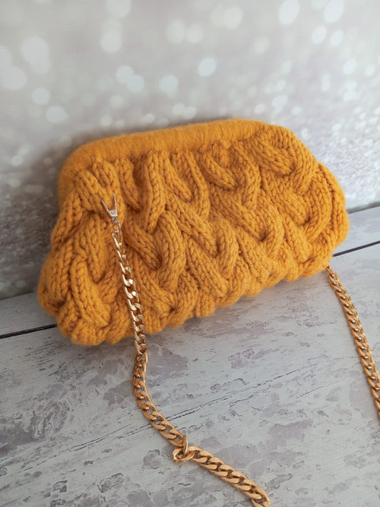 Crochet Knitting Evening Wedding Party Clutch Bag (YELLOW BRAID)