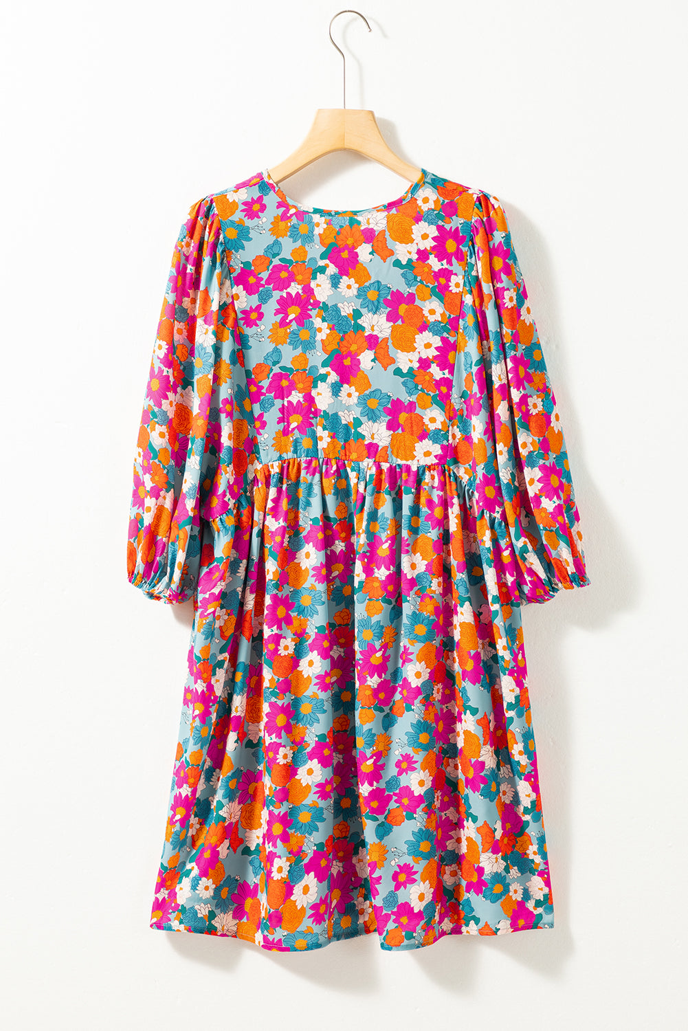 Sky Blue Floral Babydoll Dress - Tie Neck & Bubble Sleeves