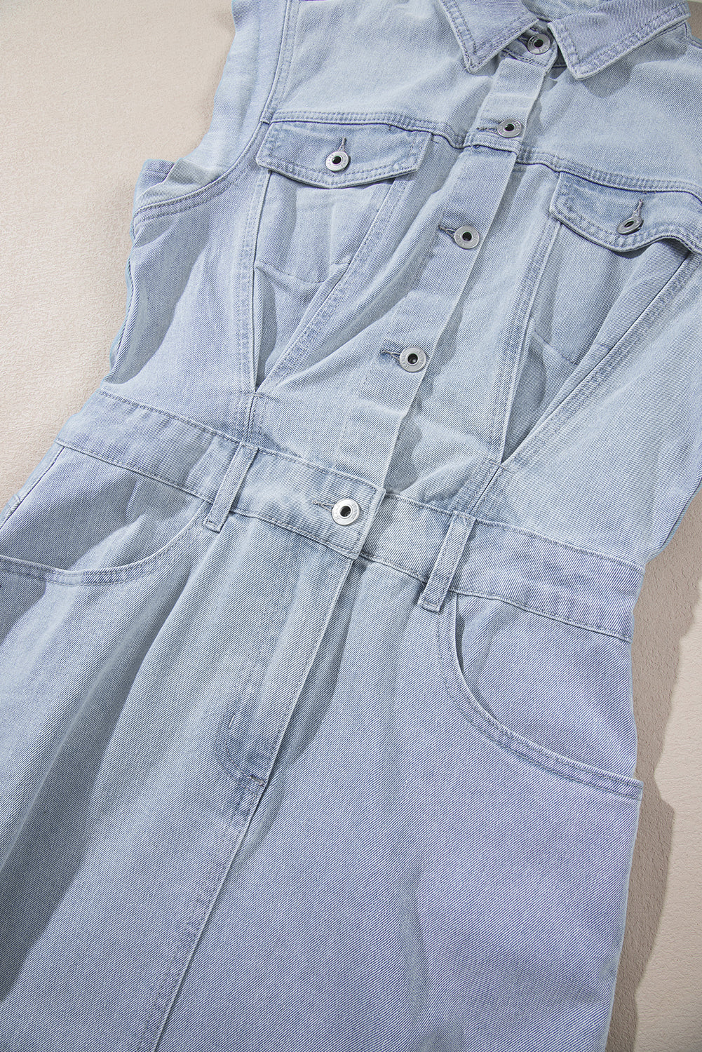 Light Blue Frayed Denim Women's Dress with Flap Pockets