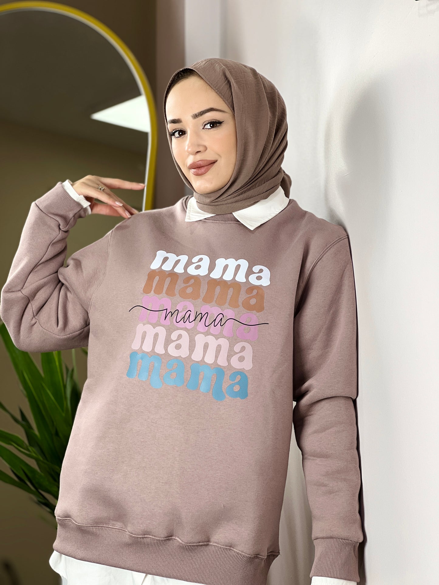 Maternity Sweatshirt-Mama Print Oversized Soft Mink (MINK)