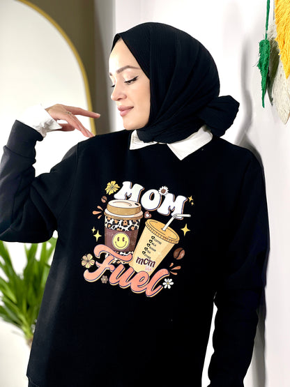 Soft Oversized Maternity Sweatshirt-Mom Coffee Fuel (BLACK)
