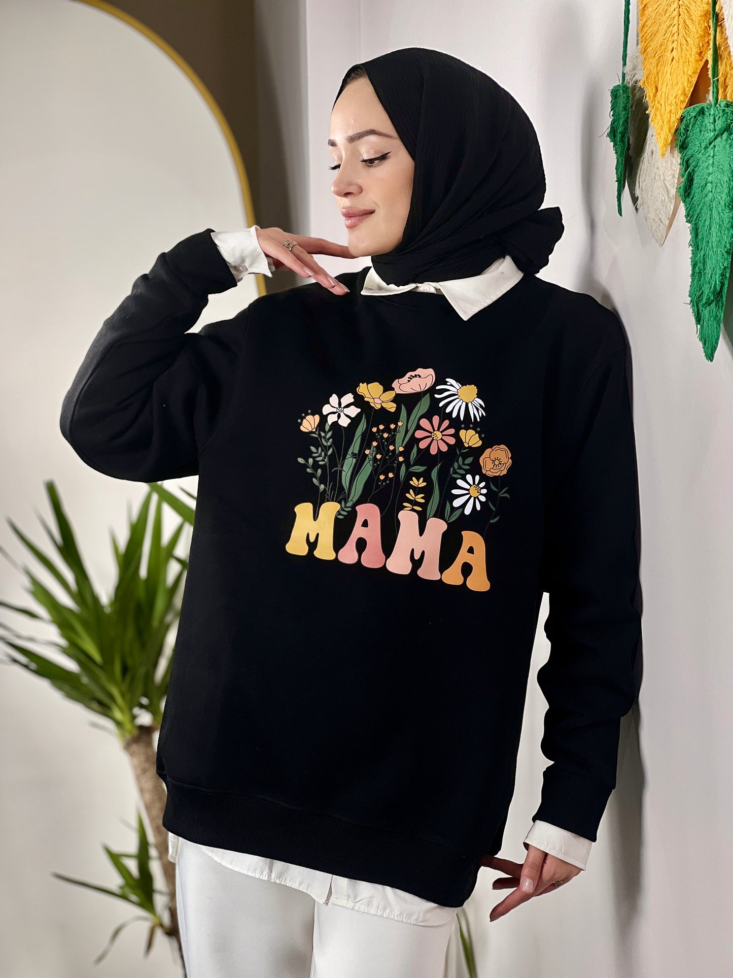 Soft Floral Maternity Sweatshirt - Oversize Mink (BLACK)