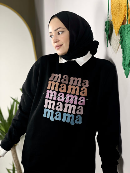 Maternity Sweatshirt-Mama Print Oversized Soft Mink (BLACK)