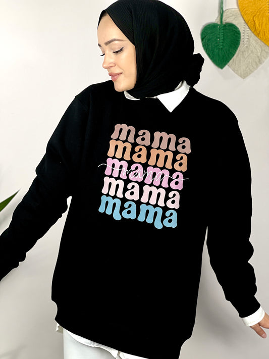 Maternity Sweatshirt-Mama Print Oversized Soft Mink (BLACK)