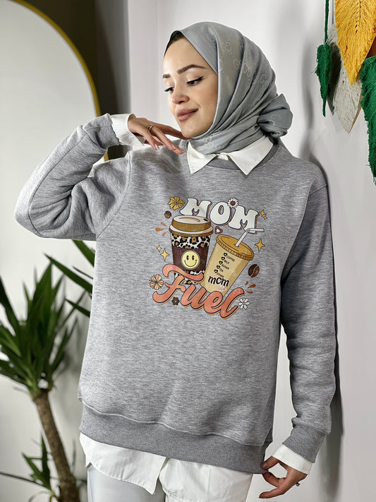 Soft Oversized Maternity Sweatshirt-Mom Coffee Fuel (GREY)