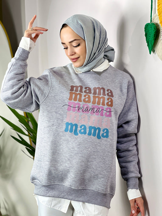 Maternity Sweatshirt-Mama Print Oversized Soft Mink (GREY)