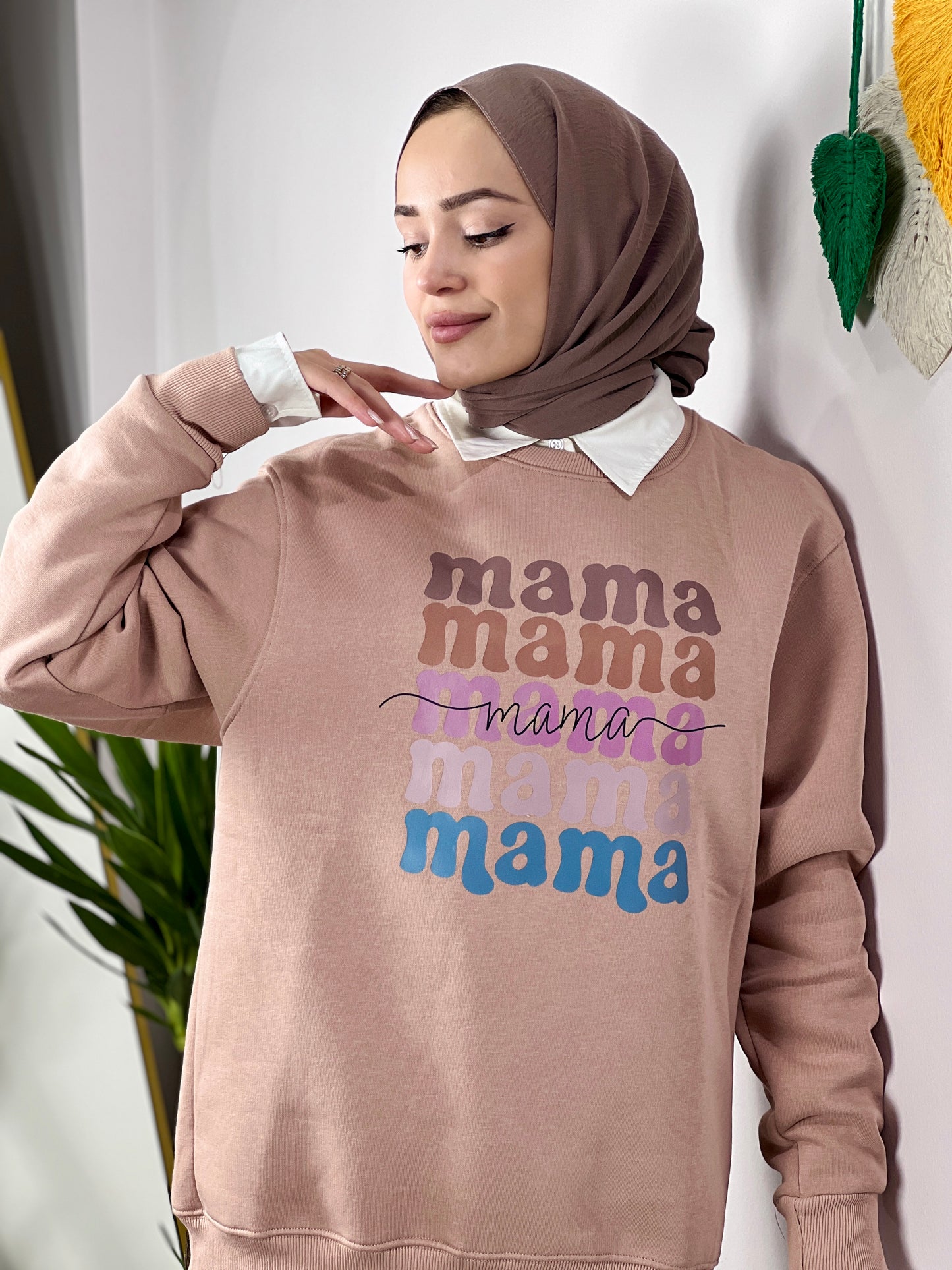 Maternity Sweatshirt-Mama Print Oversized Soft Mink (BEIGE)