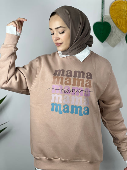 Maternity Sweatshirt-Mama Print Oversized Soft Mink (BEIGE)