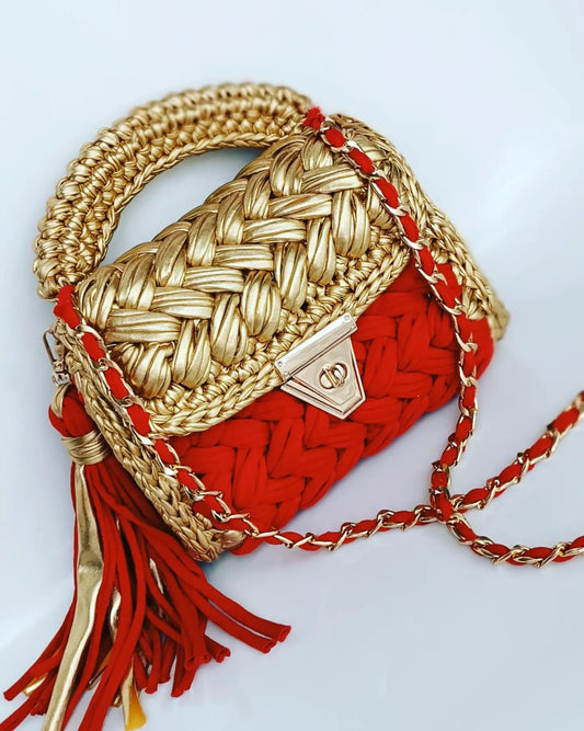 Crochet Evening Wedding Party Clutch Bag (RED GOLD)