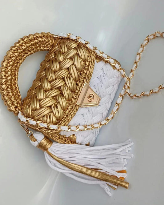 Crochet Evening Wedding Party Clutch Bag (WHITE GOLD)