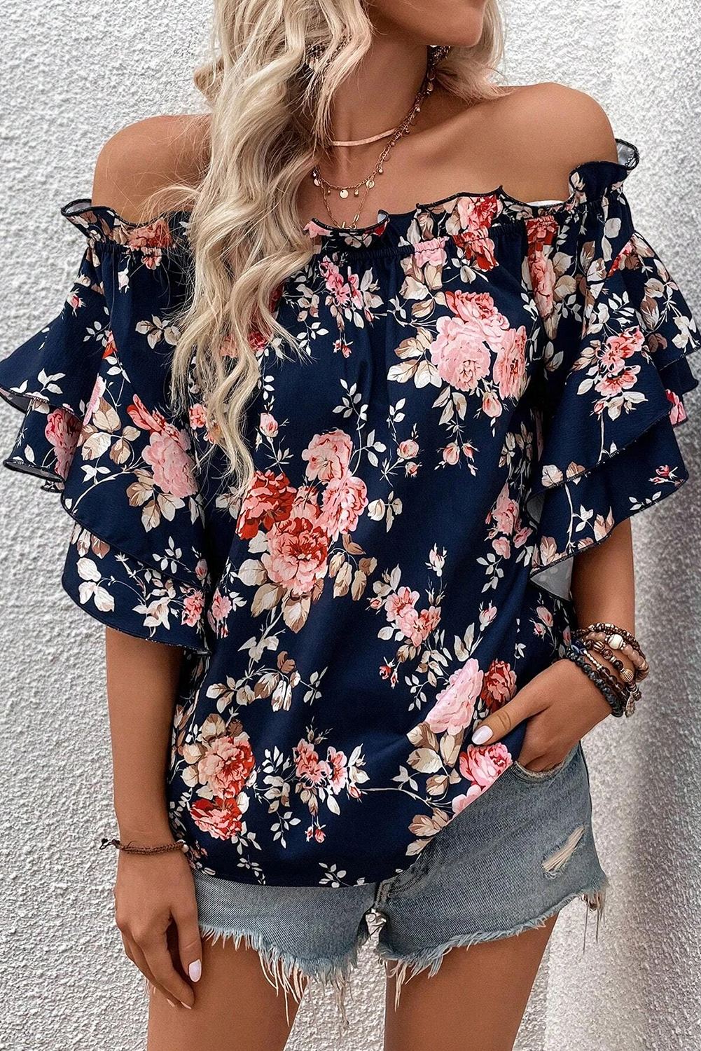 Chic Blue Floral Off Shoulder Blouse with Ruffled Sleeves