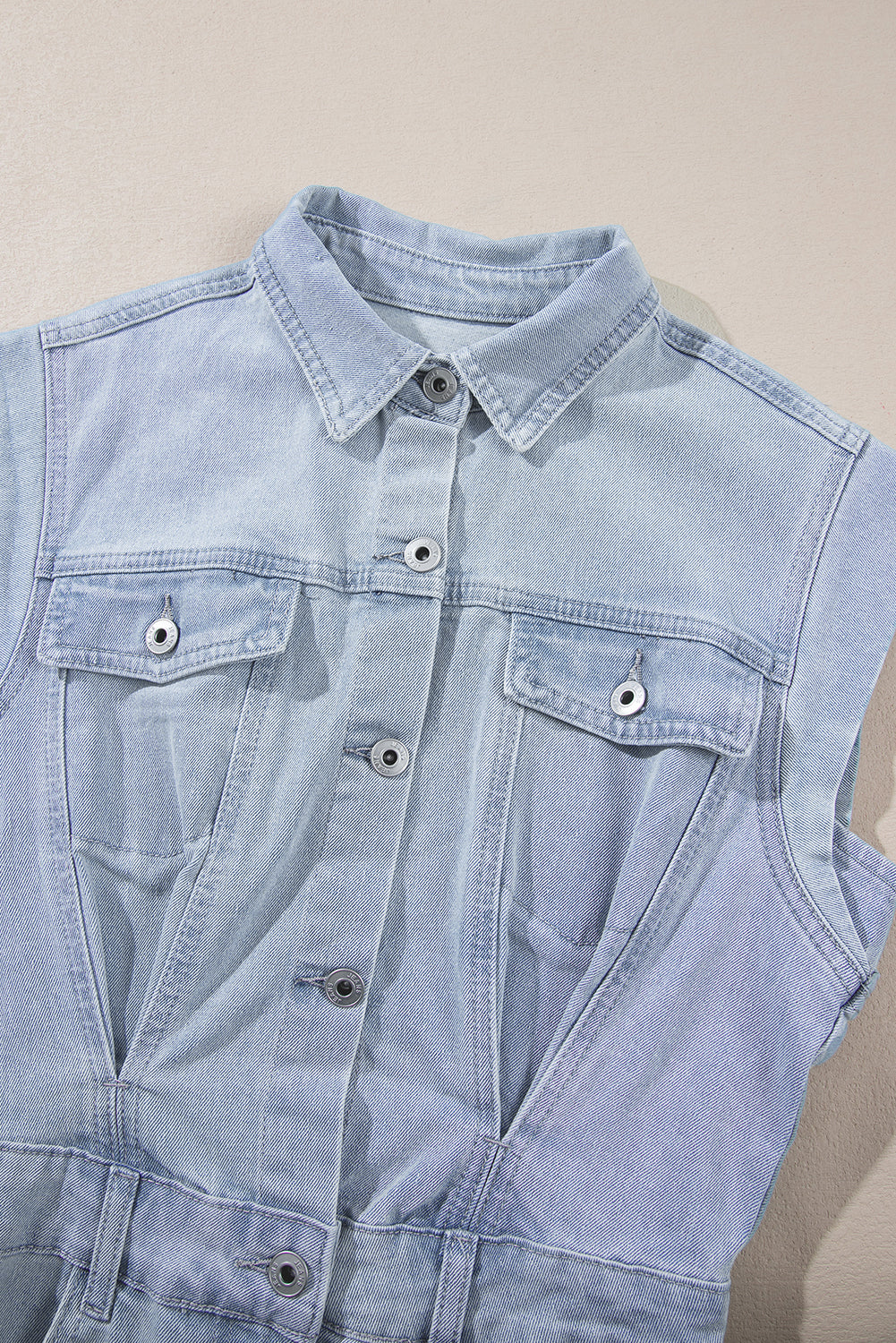 Light Blue Frayed Denim Women's Dress with Flap Pockets