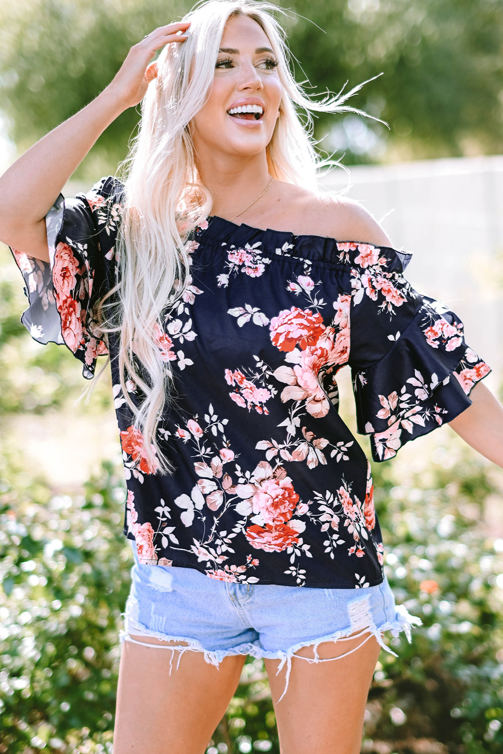 Chic Blue Floral Off Shoulder Blouse with Ruffled Sleeves