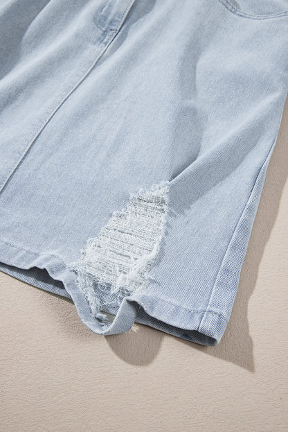 Light Blue Frayed Denim Women's Dress with Flap Pockets