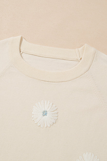 Beige Flower Pattern Short Sleeve Knitted Top