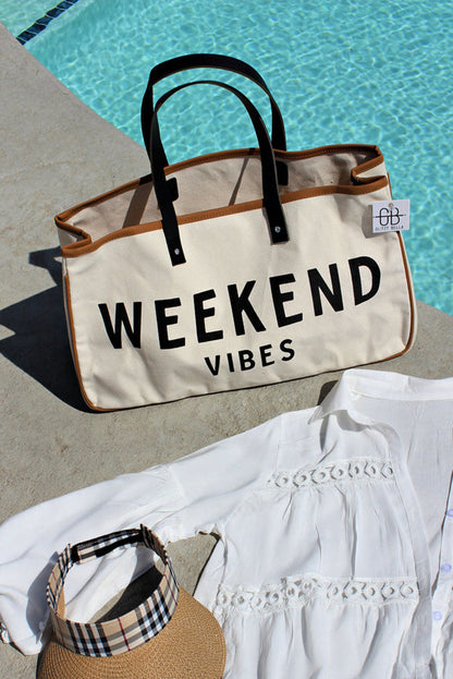 White WEEKEND VIBES Canvas Beach Tote - Perfect for Sun and Sand
