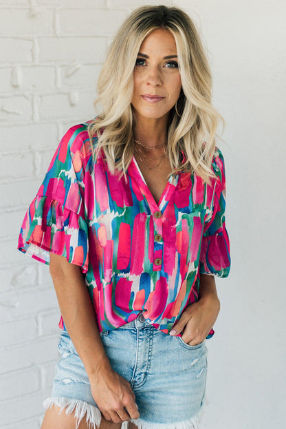 Elegant Rose Abstract Print V-Neck Blouse with Buttons