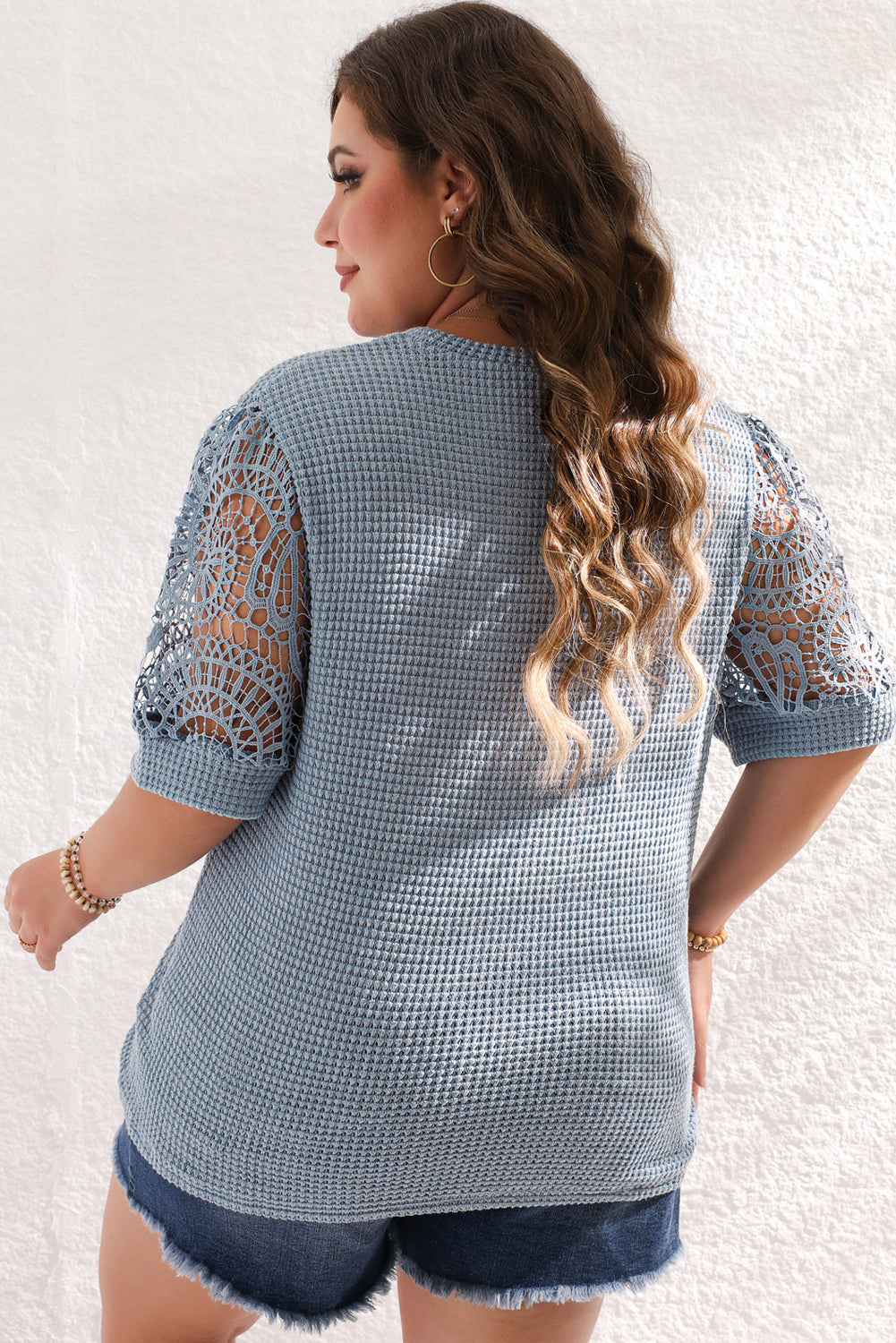 Ashleigh Blue Plus Size Textured Knit Lace Sleeve T Shirt