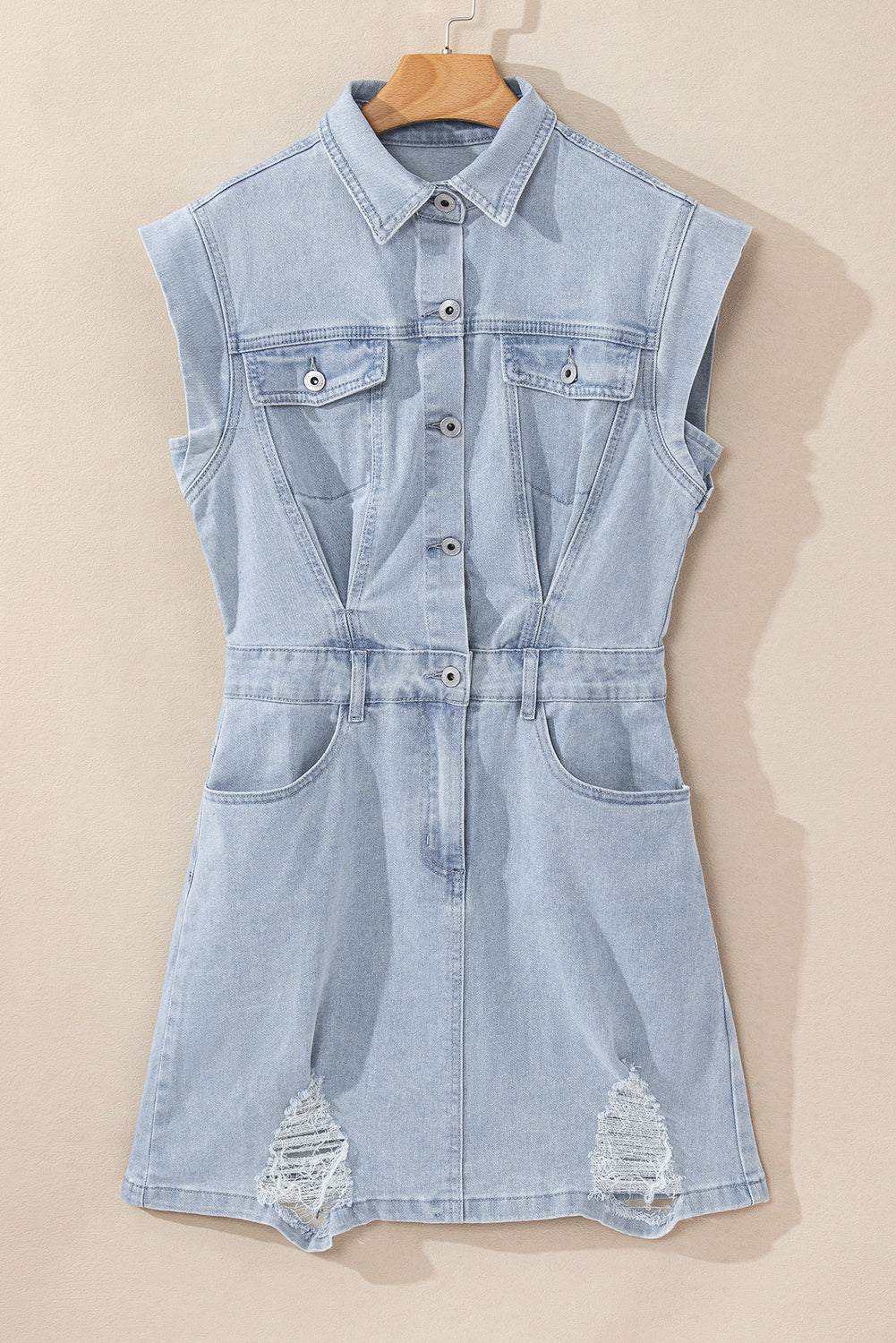 Light Blue Frayed Denim Women's Dress with Flap Pockets