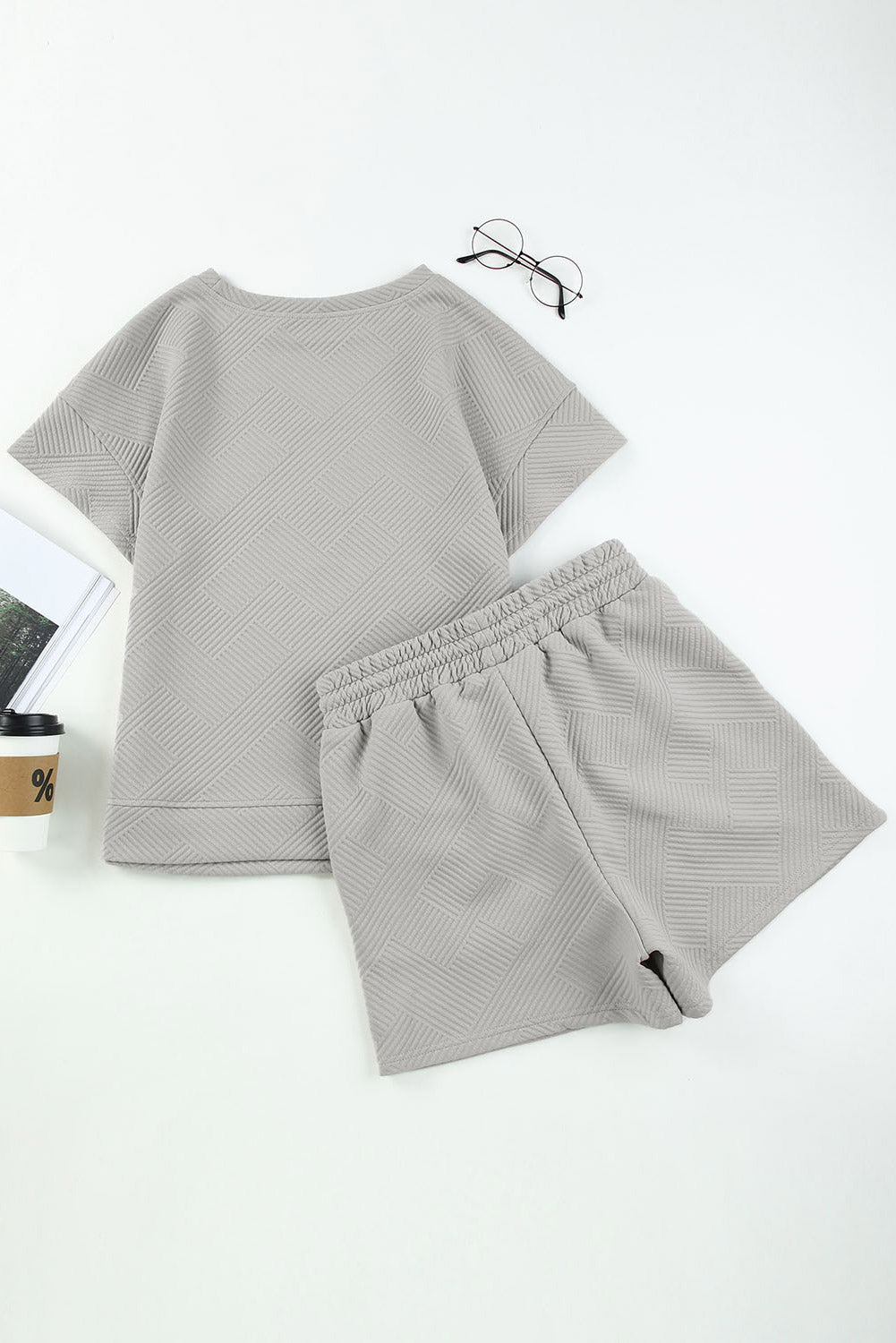 Women's Gray 2-Piece Solid Textured Drawstring Shorts Set
