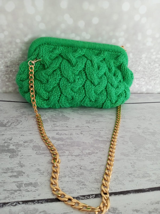 Crochet Knitting Evening Wedding Party Clutch Bag (GREEN BRAID)