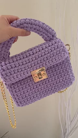 Purple hand-knitted women's handbag