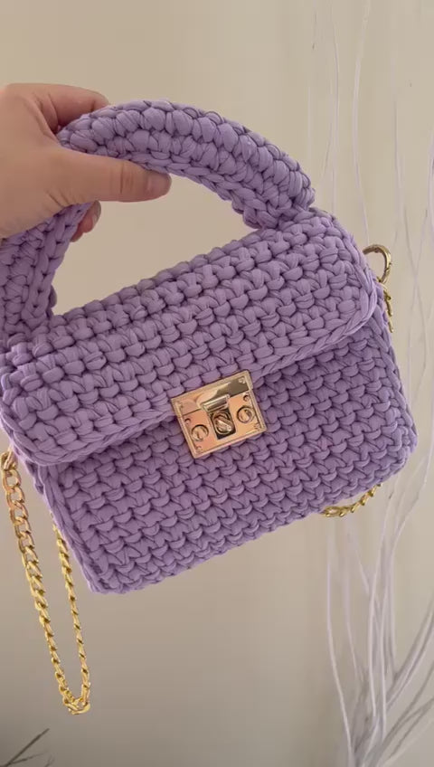 Purple hand-knitted women's handbag