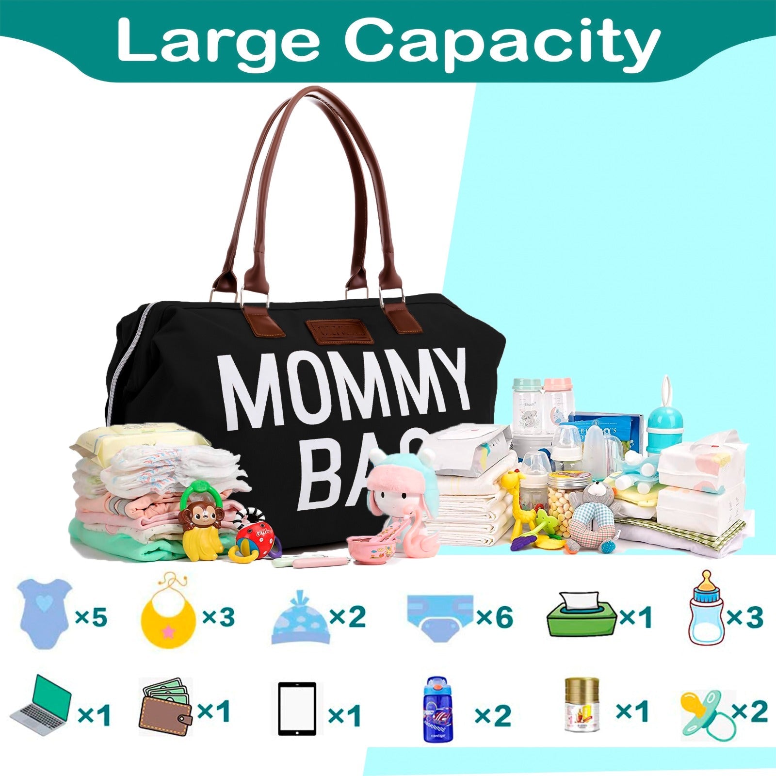 Black Baby Diaper Bag Mommy Bags for Hospital & Functional Large Baby Diaper Travel Bag for Baby Care - CHQEL