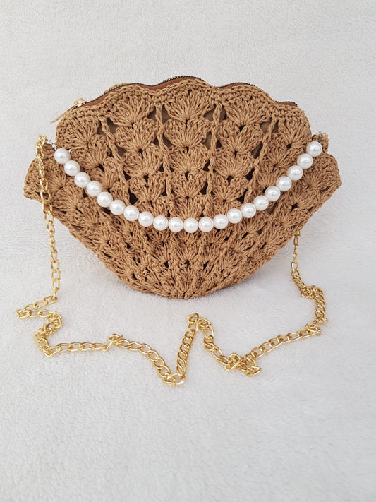 CHQEL Evening Straw Rope Clutch Bag for Women, Handmade Crochet Wedding Party Purse, Small Flap Formal Crossbody Handbag Evening Clutch Bag with pearl handle - CHQEL